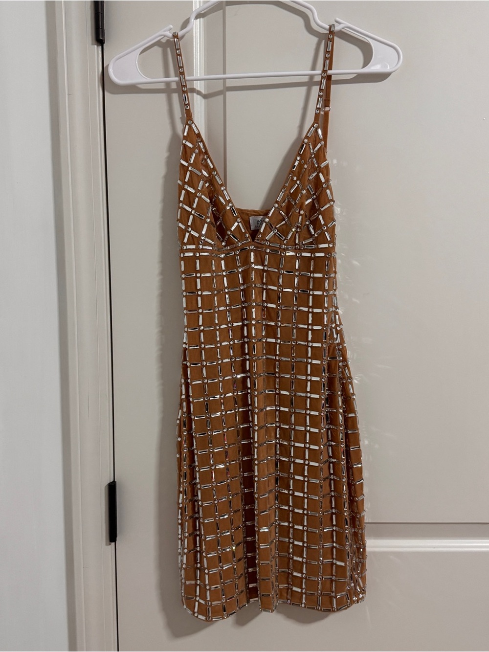 Oh Polly Tan Beaded Strapless Slip Dress with Silver Embellishment